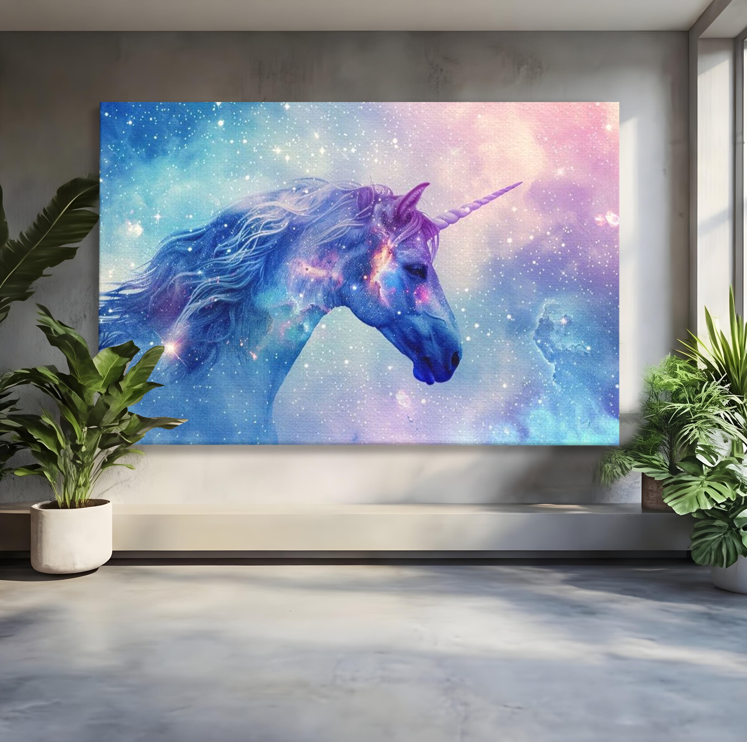 Tablou canvas cu tablou canvas cu unicorn cosmic in galaxie, fara rama, pe sasiu de lemn